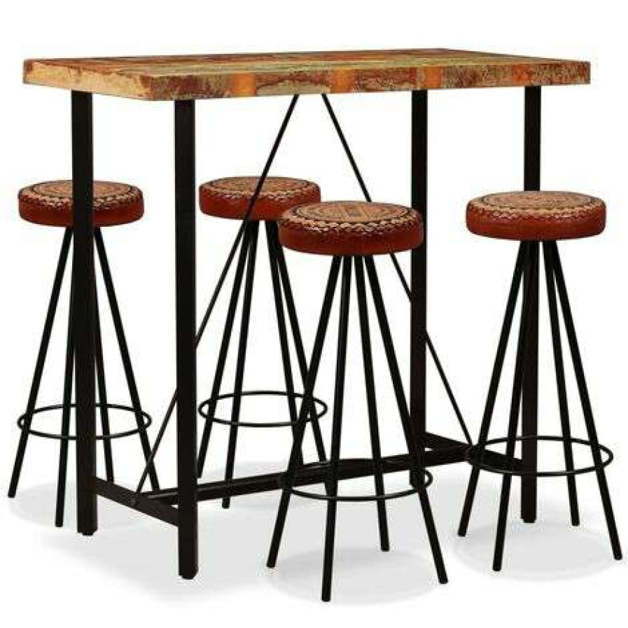 Table Haute Et Bar * | Offres True Deal Ensemble De Bar 5 Pcs Bois De Recuperation Cuir Veritable Et Toile