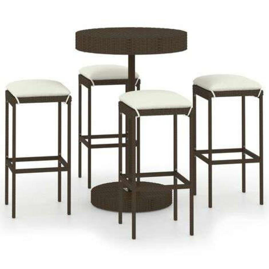 Table Haute Et Bar * | Le Moins Cher Topdeal Meuble De Bar De Jardin 5 Pcs Et Coussins Resine Tressee Marron Ff3064761_Fr