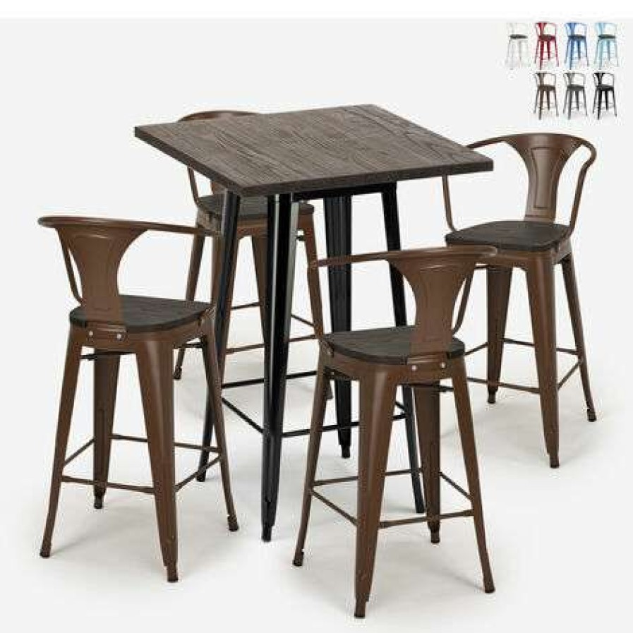 Table Haute Et Bar * | Promo Ahd Amazing Home Design Ensemble 4 Tabourets Tolix Table Haute 60X60Cm Metal Industriel Bruck Wood Black | Couleur: Marron