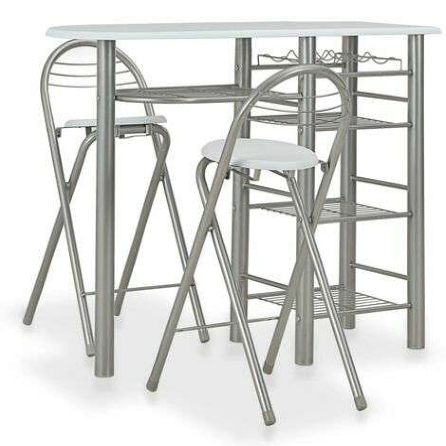 Table Haute Et Bar * | Offres Hommoo Ensemble De Bar Avec Etageres 3 Pcs Bois Et Acier Blanc Hdv24937