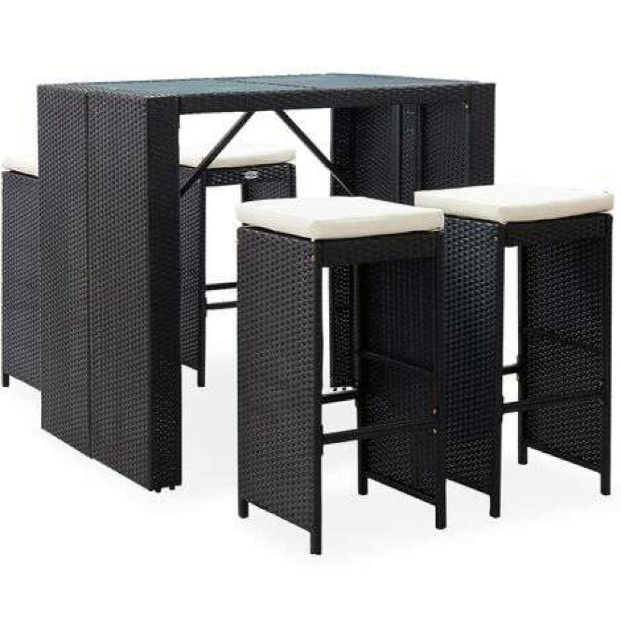 Table Haute Et Bar * | Acheter Topdeal Mobilier De Bar D'Exterieur 5 Pcs Resine Tressee Et Verre Noir Ff49568_Fr