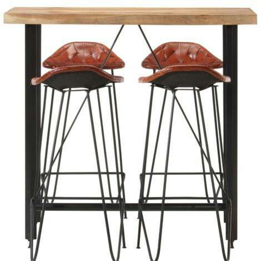 Table Haute Et Bar * | Bon Marche Topdeal Ensemble De Bar 5 Pcs Bois Solide Et Cuir Veritable Ff278763_Fr