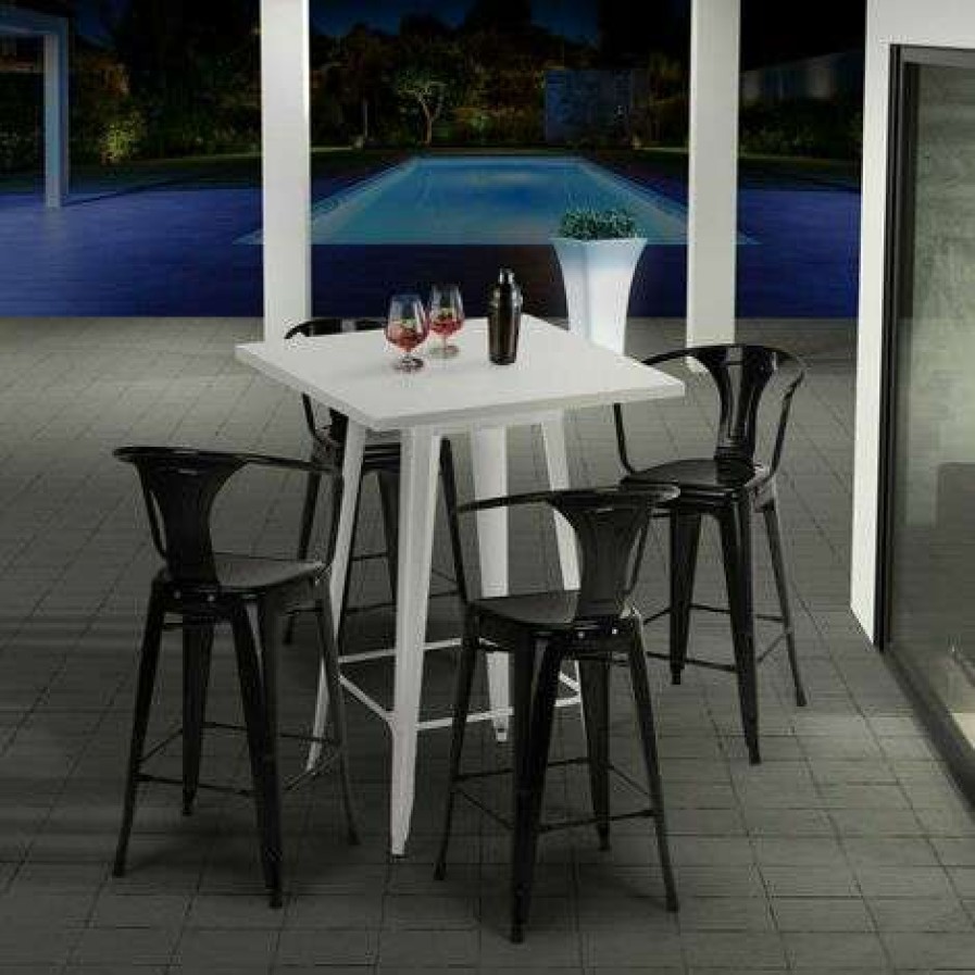 Table Haute Et Bar * | Promo Ahd Amazing Home Design Ensemble Table 60X60Cm Blanc Metal 4 Tabourets Tolix Bar Cuisine Bucket White | Couleur: Blanc