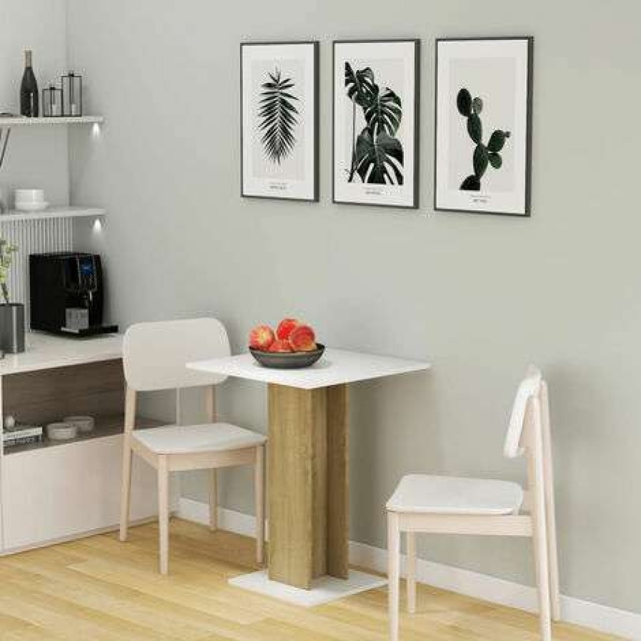 Table Haute Et Bar * | Meilleure Affaire Happyshopping Table De Bistro Blanc Et Chene Sonoma 60X60X75 Cm Agglomere