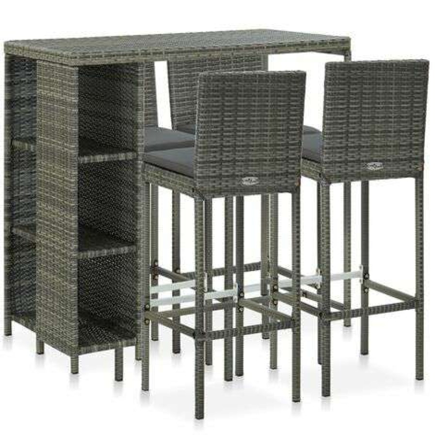 Table Haute Et Bar * | Nouveau True Deal Meuble De Bar De Jardin 5 Pcs Et Coussins Resine Tressee Gris