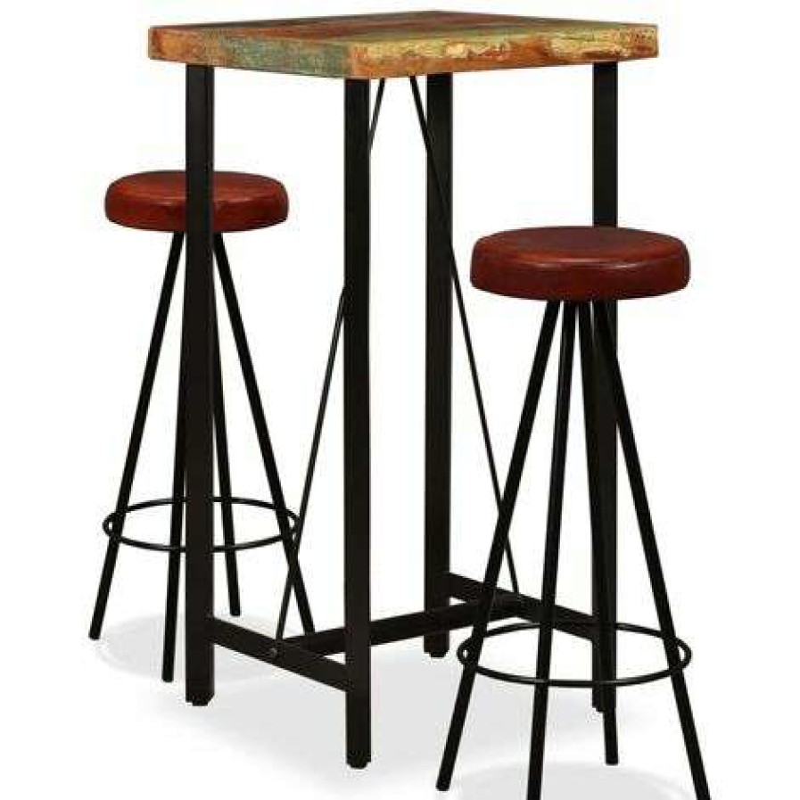 Table Haute Et Bar * | Les Meilleures Critiques De True Deal Ensemble De Bar 3 Pcs Bois Massif Recycle Et Cuir Veritable