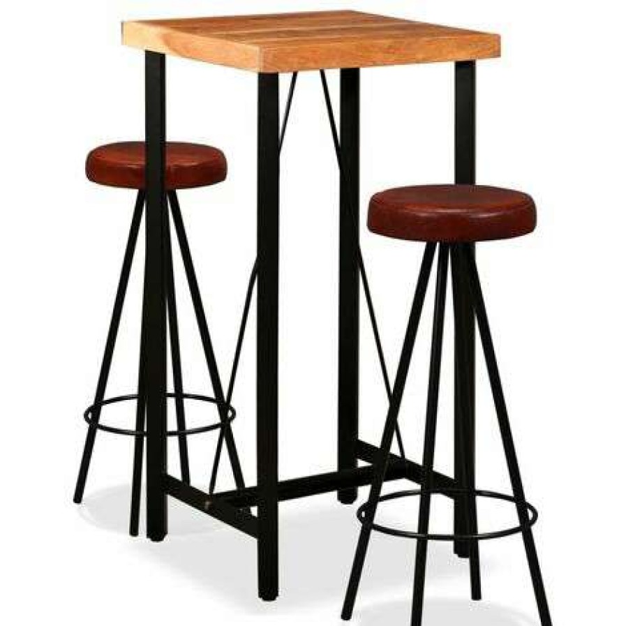 Table Haute Et Bar * | Sortie Asupermall Ensemble De Bar 3 Pcs Bois D'Acacia Massif Et Cuir Veritable