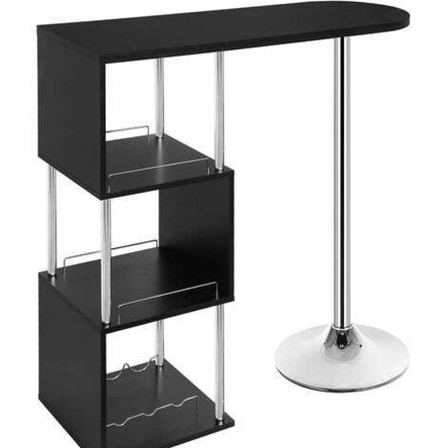 Table Haute Et Bar * | Vente Flash Woltu 1 X Table De Bar-Bistrot En Mdf Et Metal. Table De Cuisine Avec 3 Tablettes Et Porte-Bouteilles. 113X40X105Cm.Noir