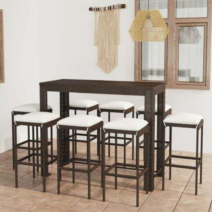 Table Haute Et Bar * | Promo True Deal Meuble De Bar De Jardin 9 Pcs Et Coussins Resine Tressee Marron