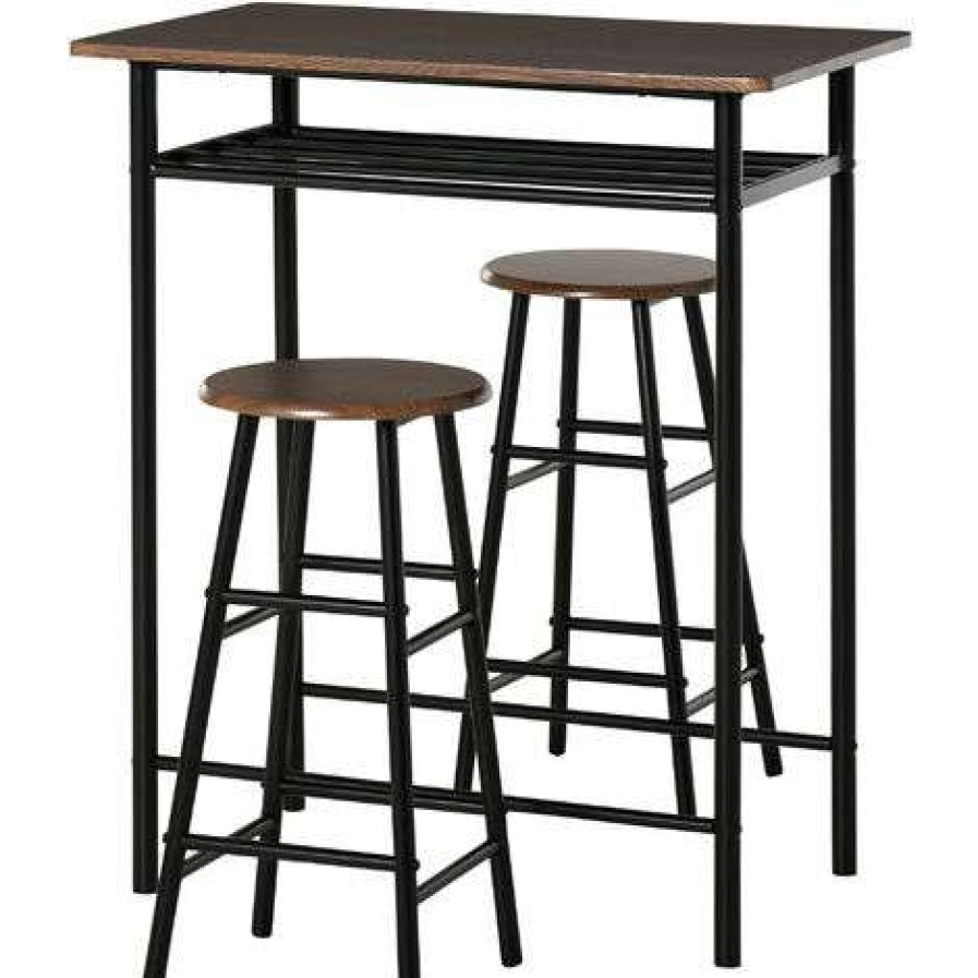 Table Haute Et Bar * | De Gros Homcom Ensemble Table De Bar Design Industriel + 2 Tabourets Mdf Imitation Bois Noyer Metal Noir Marron