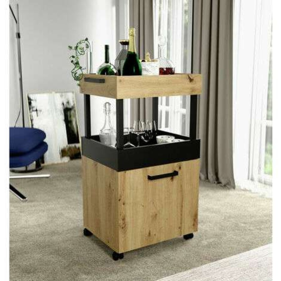 Table Haute Et Bar * | Meilleure Affaire Meubletmoi Bar A Roulettes 1 Porte 2 Plateaux Decor Chene Et Noir Benji Bois