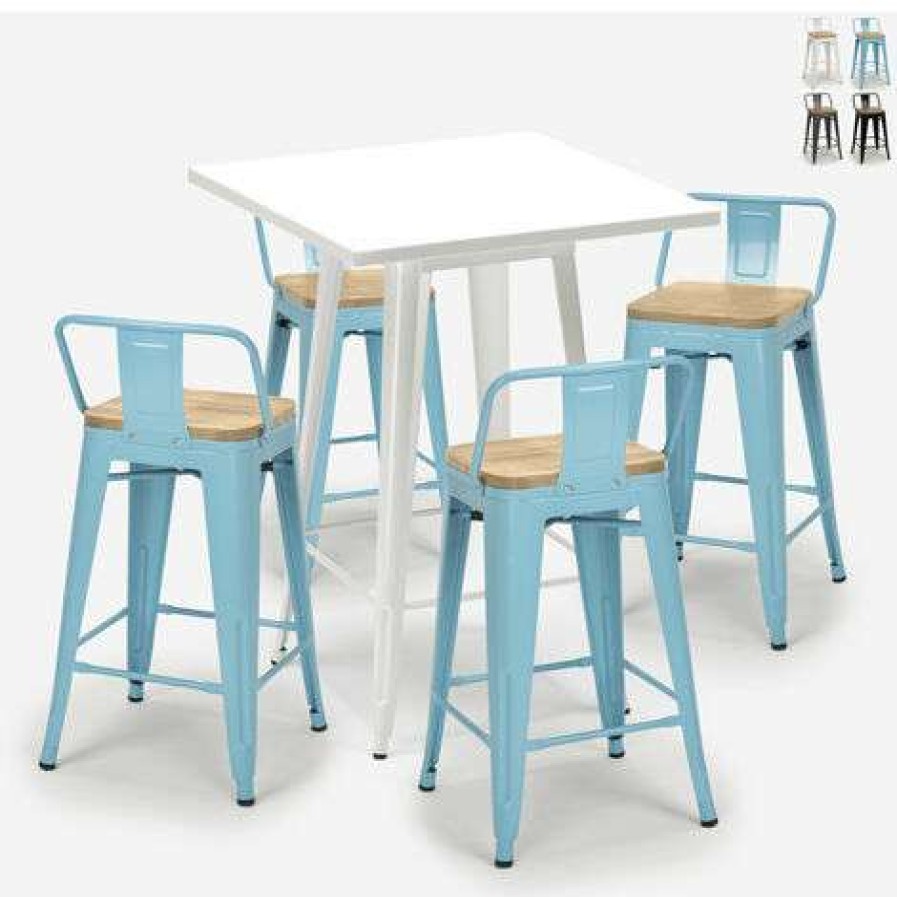 Table Haute Et Bar * | Tout Neuf Ahd Amazing Home Design Ensemble 4 Tabourets Style Tolix Table Blanche 60X60Cm Industriel Bucket Steel White | Couleur: Turquoise