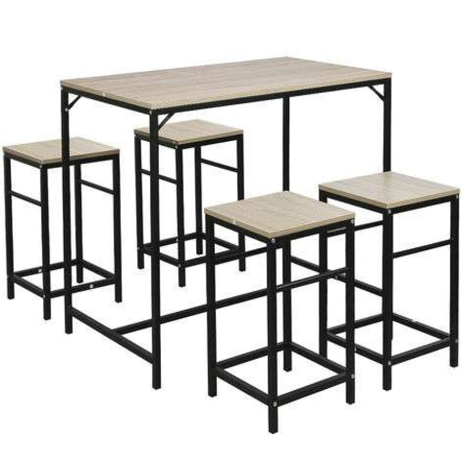 Table Haute Et Bar * | Bon Marche Wyctin Hofuton Set De 1 Table + 4 Tabourets Ensemble Table De Bar Bistrot + 4 Tabourets Avec Repose-Pieds Table Mange-Debout Table Haute Cuisine