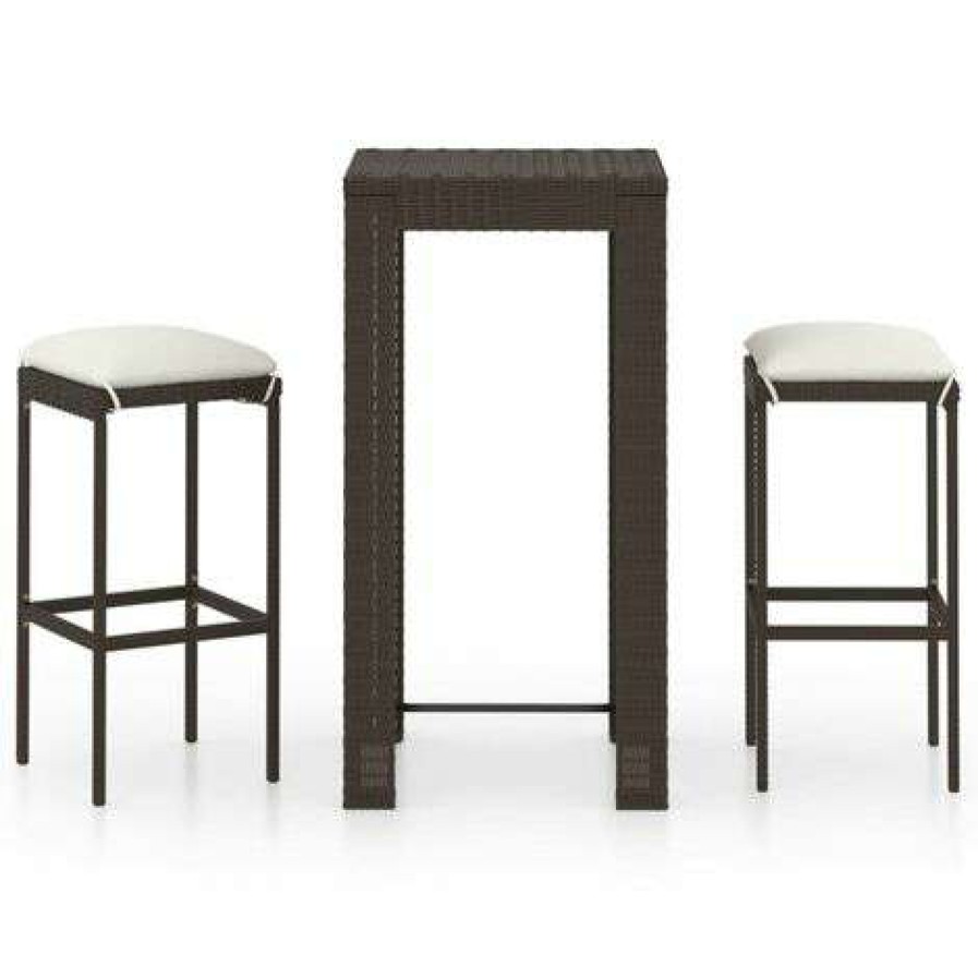 Table Haute Et Bar * | De Gros True Deal Meuble De Bar De Jardin 3 Pcs Et Coussins Resine Tressee Marron