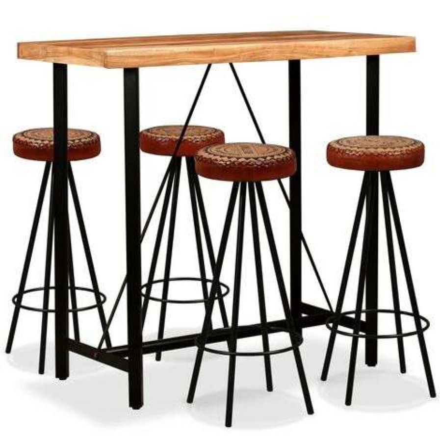 Table Haute Et Bar * | Grosses Soldes Youthup Ensemble De Bar 5 Pcs Bois D'Acacia Cuir Veritable Et Toile Brun