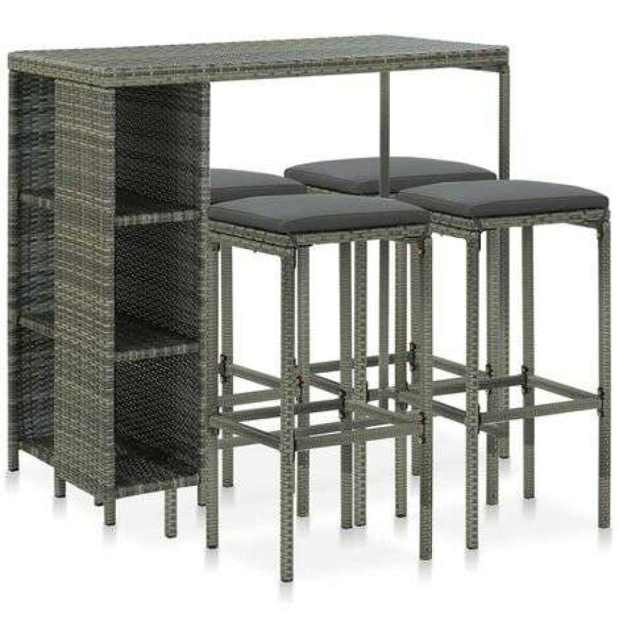 Table Haute Et Bar * | De Gros True Deal Meuble De Bar De Jardin 5 Pcs Et Coussins Resine Tressee Gris