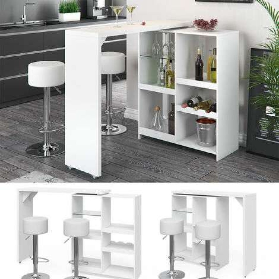 Table Haute Et Bar * | De Gros Table De Bar Vega" Blanche Avec 2 Tabourets De Bar Vicco