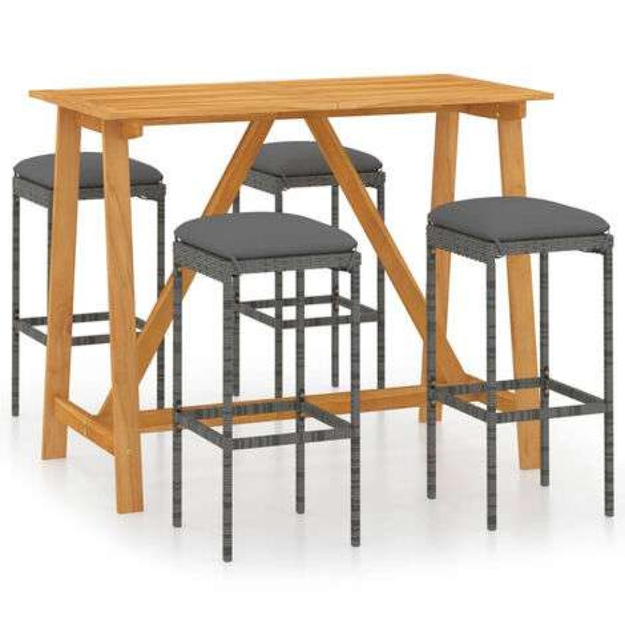 Table Haute Et Bar * | De Gros Happyshopping Ensemble De Bar De Jardin Avec Coussins 5 Pcs Gris