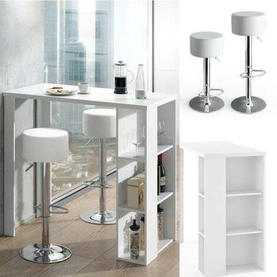 Table Haute Et Bar * | Remise Table De Bar Noel" Blanche Avec 2 Tabourets De Bar Vicco