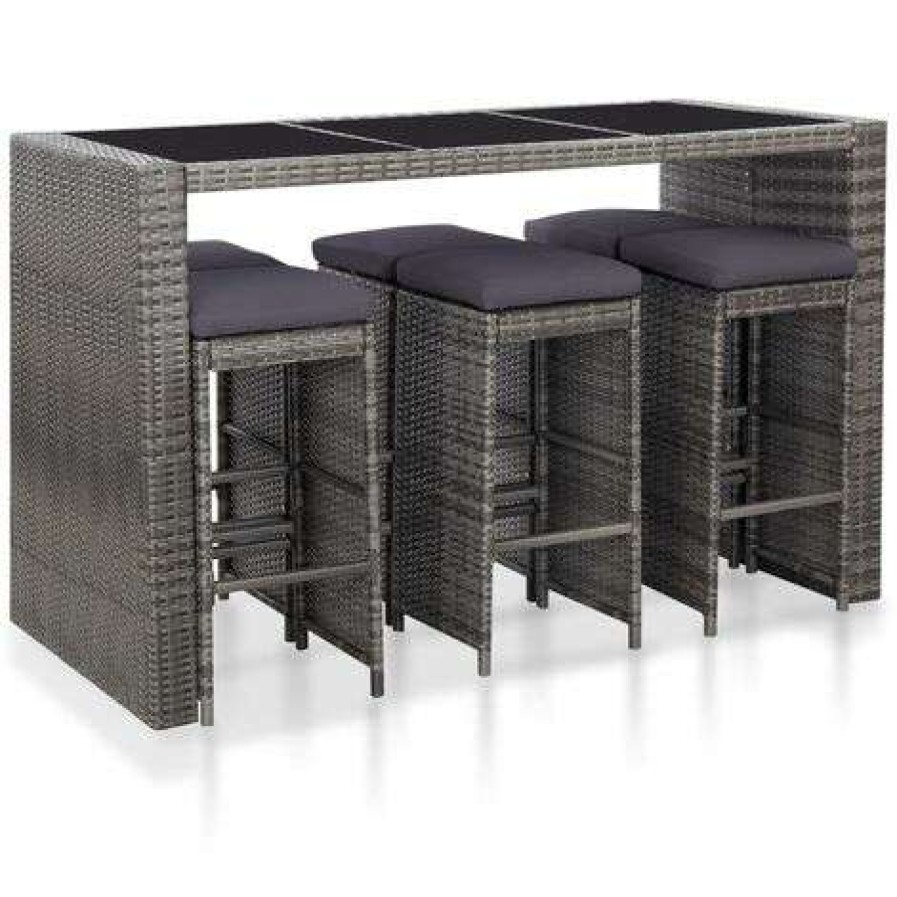 Table Haute Et Bar * | Sortie Fimei Meuble De Bar De Jardin 7 Pcs Et Coussins Resine Tressee Gris