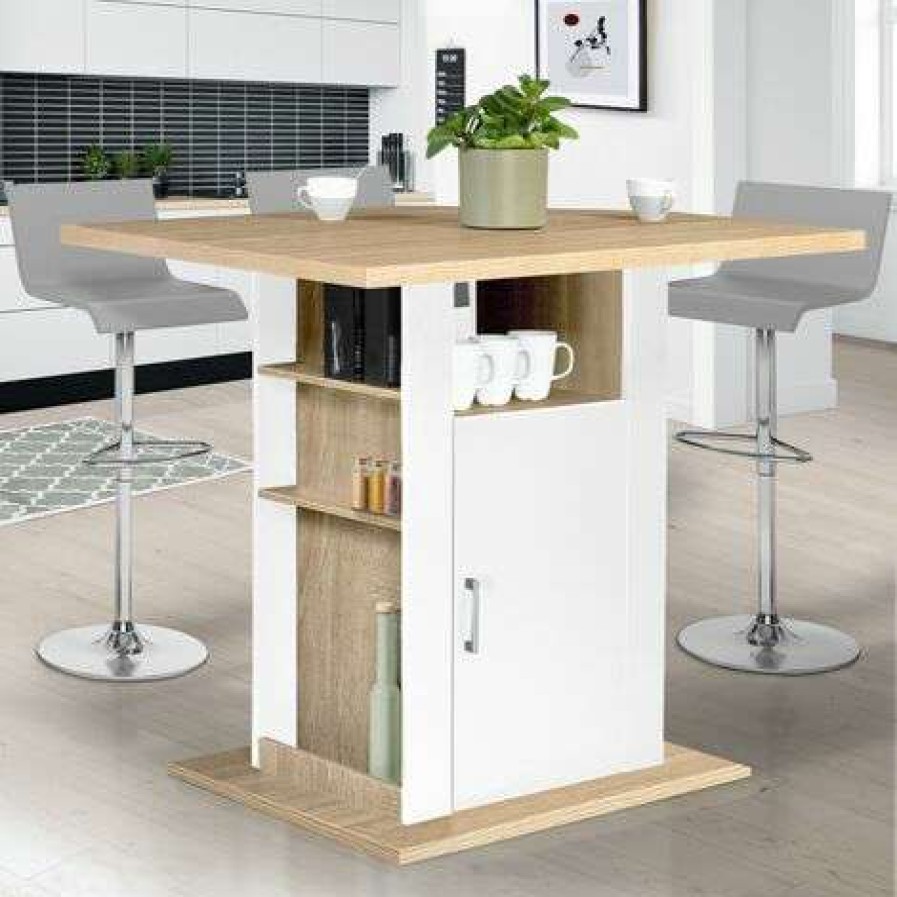 Table Haute Et Bar * | Remise Idmarket Ilot Central Ugo 110 Cm Bois Blanc Et Imitation Hetre Avec Rangements