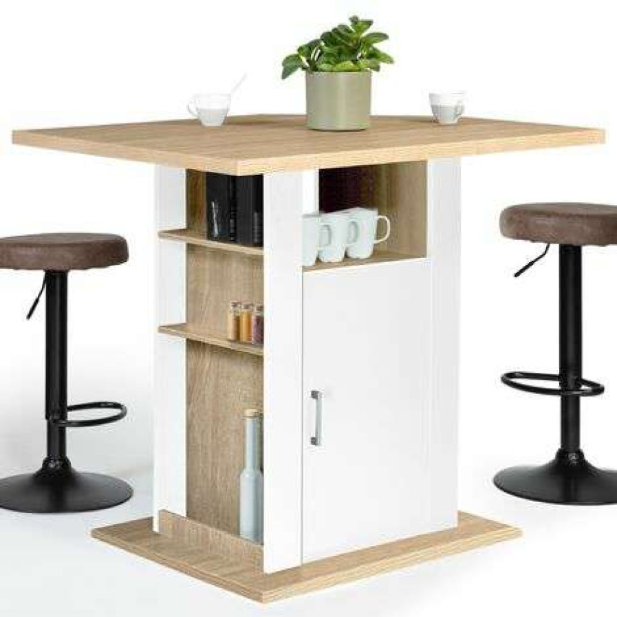 Table Haute Et Bar * | Remise Idmarket Ilot Central Ugo 110 Cm Bois Blanc Et Imitation Hetre Avec Rangements