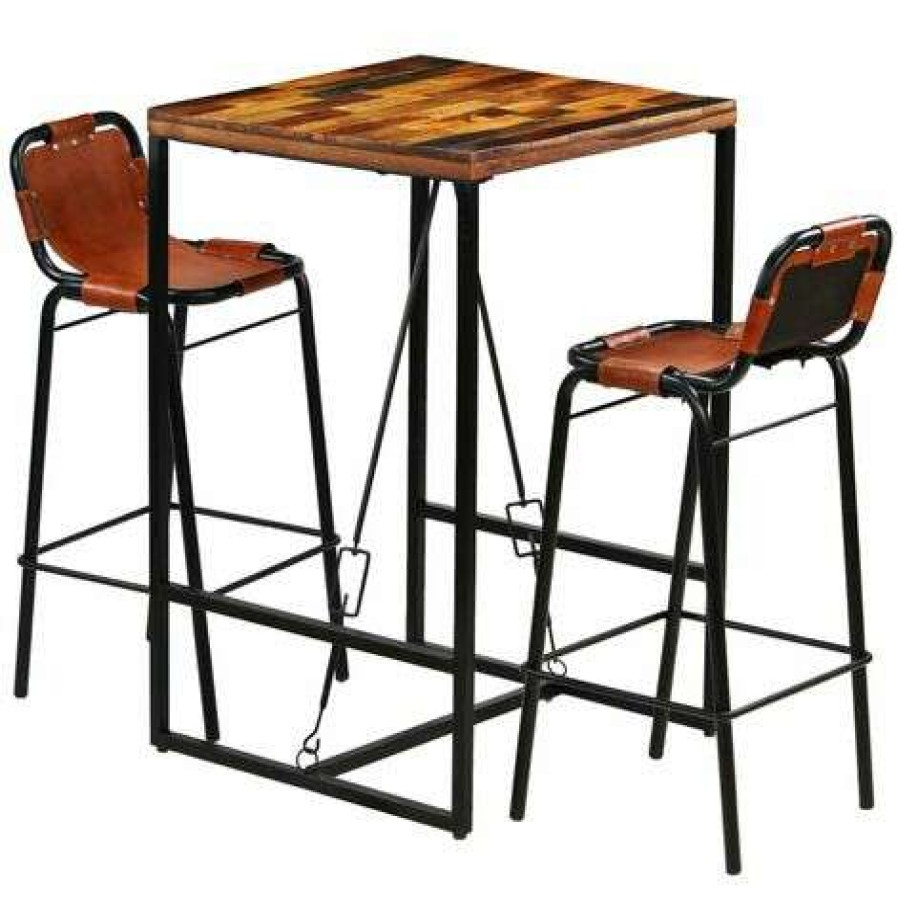 Table Haute Et Bar * | Budget Happyshopping Ensemble De Bar 3 Pcs Bois Massif Recycle Et Cuir De Chevre