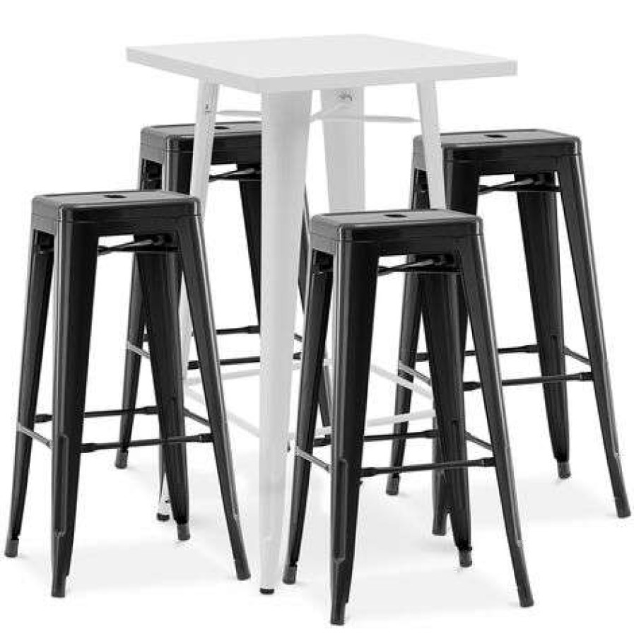 Table Haute Et Bar * | Offres Privatefloor Table De Bar Blanche + X4 Tabourets De Bar En Acier Design Industriel Set Bistrot Stylix Nouvelle Edition Noir Noir