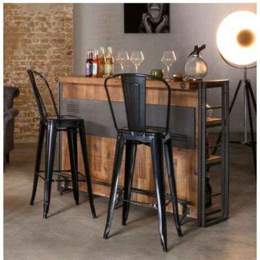 Table Haute Et Bar * | Le Moins Cher Meubletmoi Bar Metal Et Acacia Style Industriel Workshop Bois