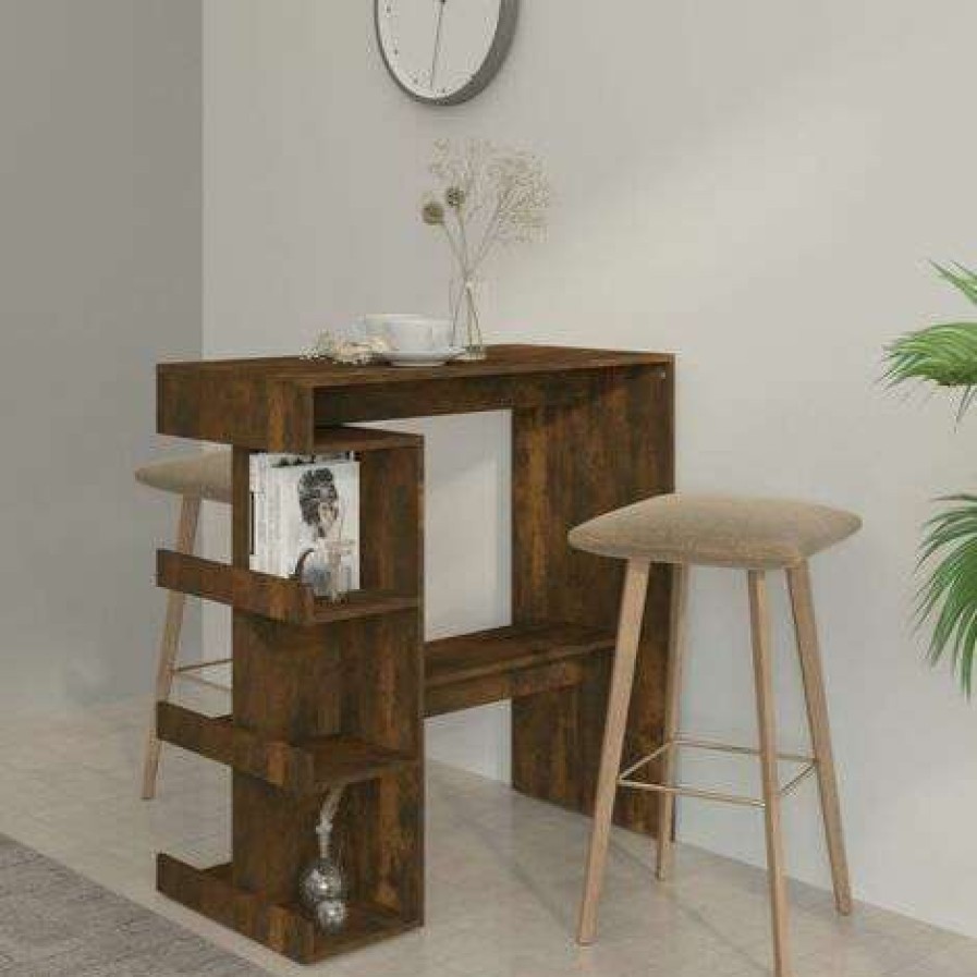 Table Haute Et Bar * | Remise Fimei Table De Bar Et Etagere De Rangement Chene Fume 100X50X101,5 Cm