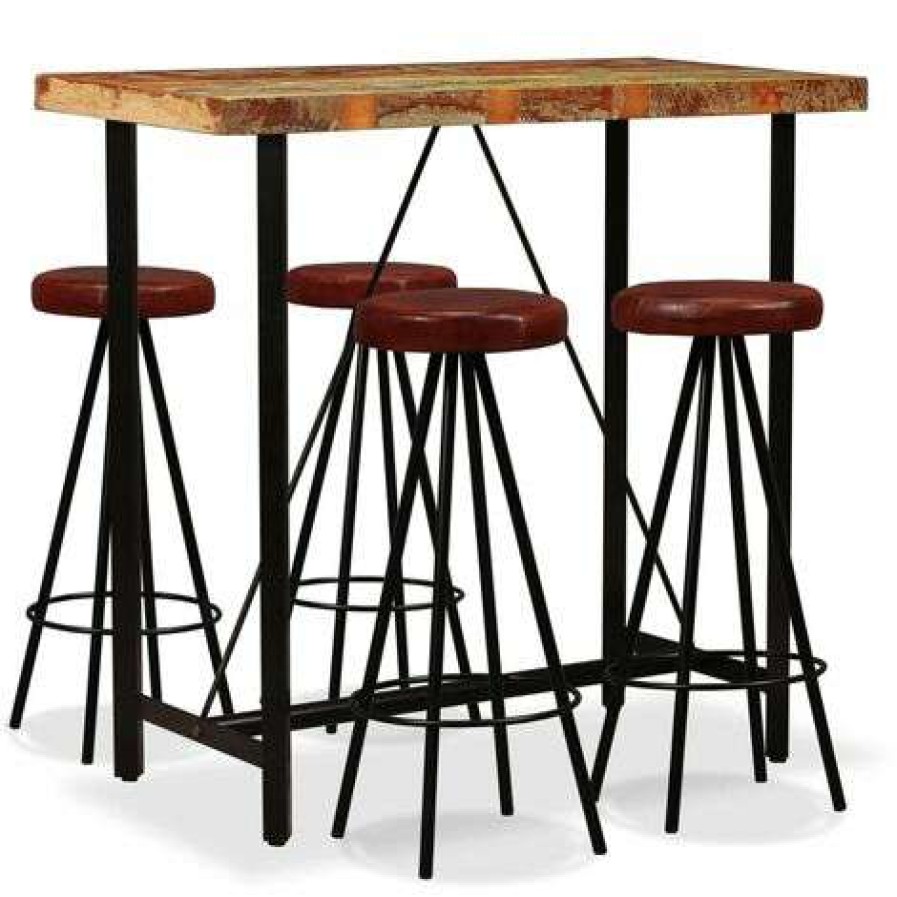 Table Haute Et Bar * | Offres Inlife Ensemble De Bar 5 Pcs Bois Massif Recycle Et Cuir Veritable