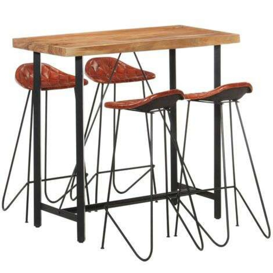 Table Haute Et Bar * | De Gros Hommoo Ensemble De Bar 5 Pcs Bois Solide Et Cuir Veritable