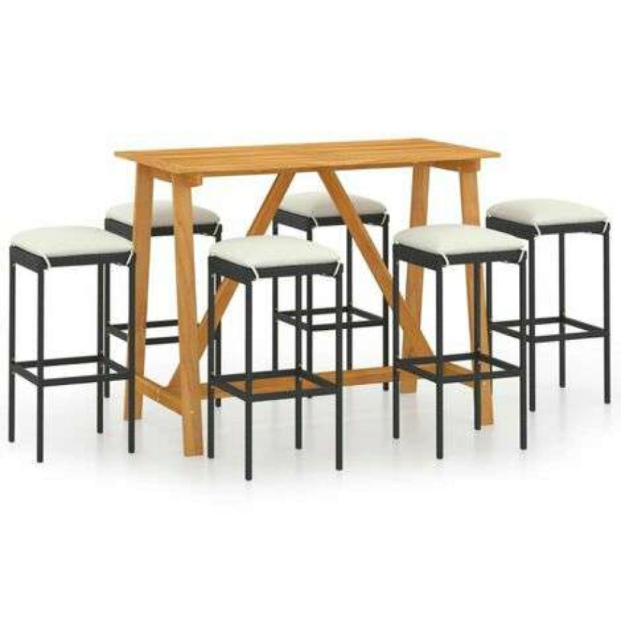 Table Haute Et Bar * | Meilleure Affaire Happyshopping Ensemble De Bar De Jardin Avec Coussins 7 Pcs Noir