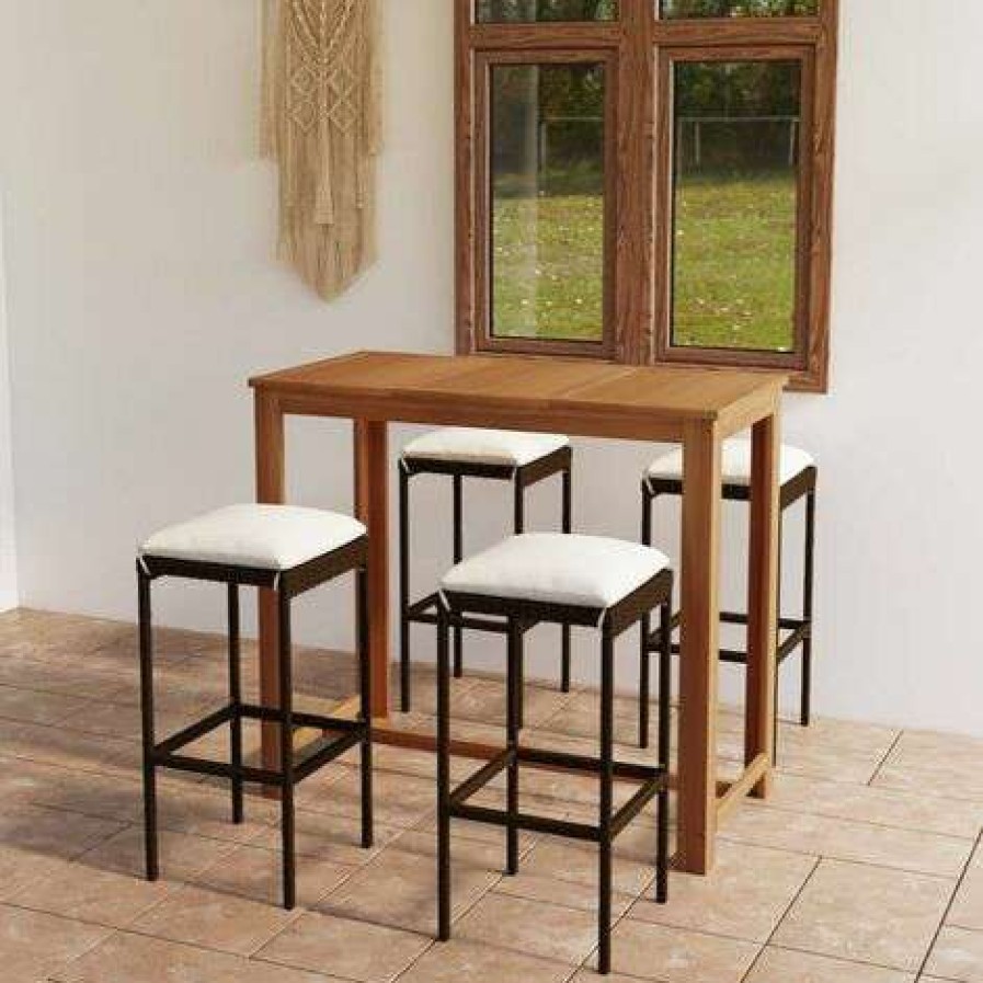 Table Haute Et Bar * | Tout Neuf Happyshopping Ensemble De Bar De Jardin Avec Coussins 5 Pcs Marron