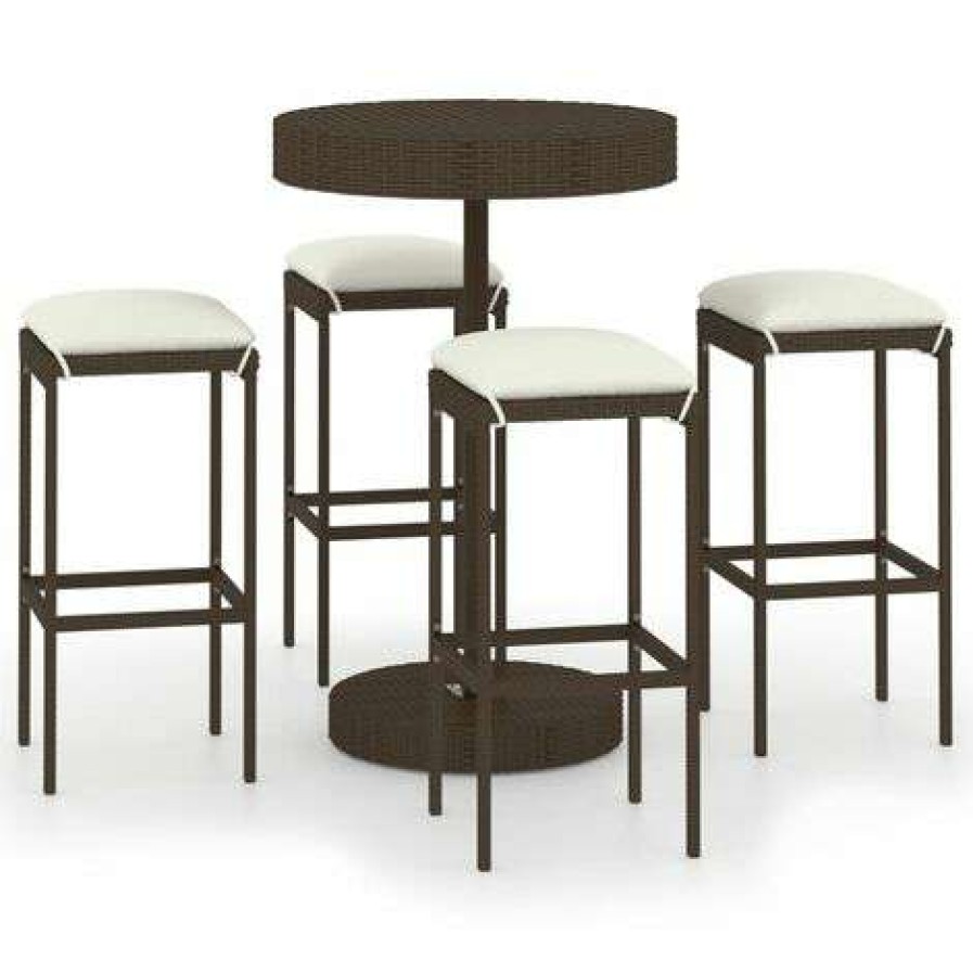 Table Haute Et Bar * | Les Meilleures Critiques De True Deal Meuble De Bar De Jardin 5 Pcs Et Coussins Resine Tressee Marron