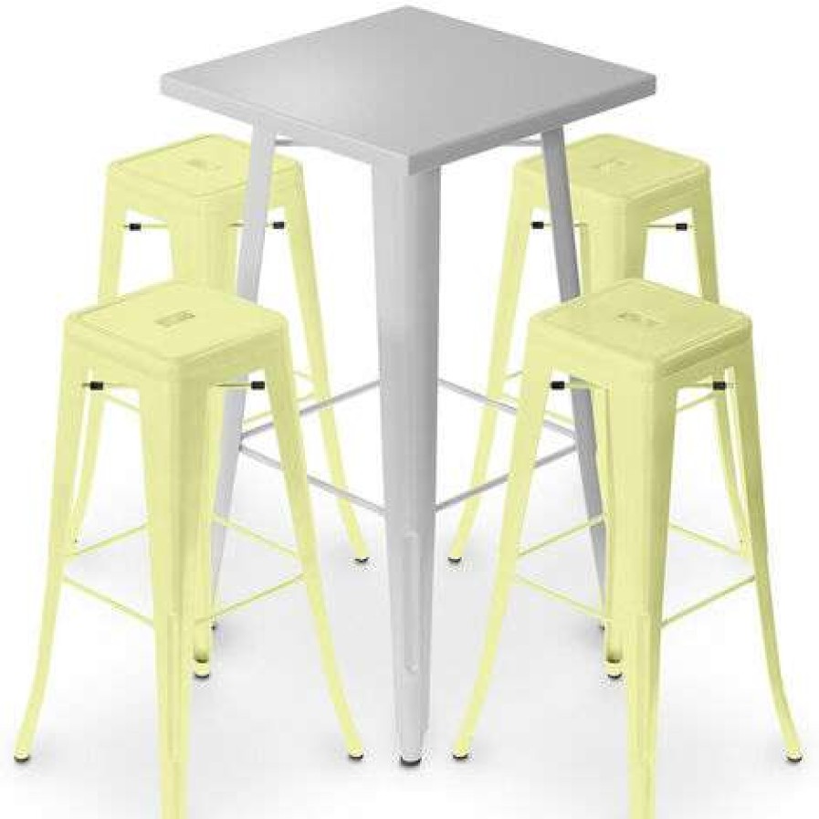 Table Haute Et Bar * | Nouveau Privatefloor Table De Bar Argentee + X4 Tabourets De Bar En Acier Mat Ensemble Bistrot Stylix Design Industriel Nouvelle Edition Jaune Pale Jaune Pale