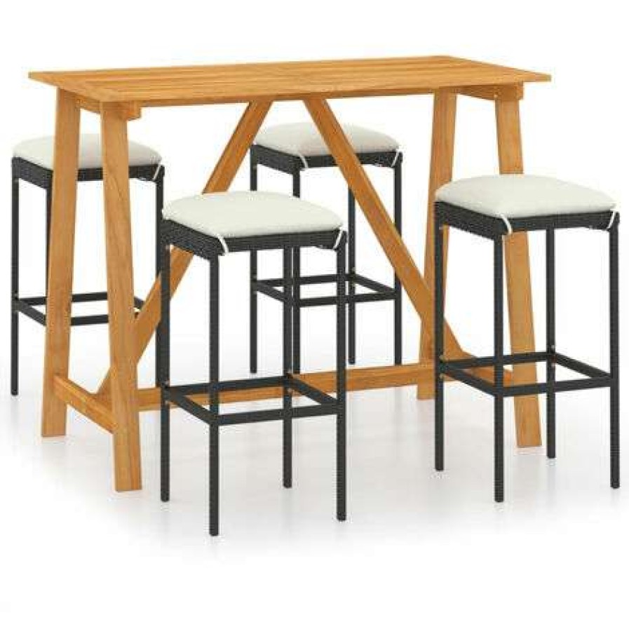 Table Haute Et Bar * | De Gros Happyshopping Ensemble De Bar De Jardin Avec Coussins 5 Pcs Noir