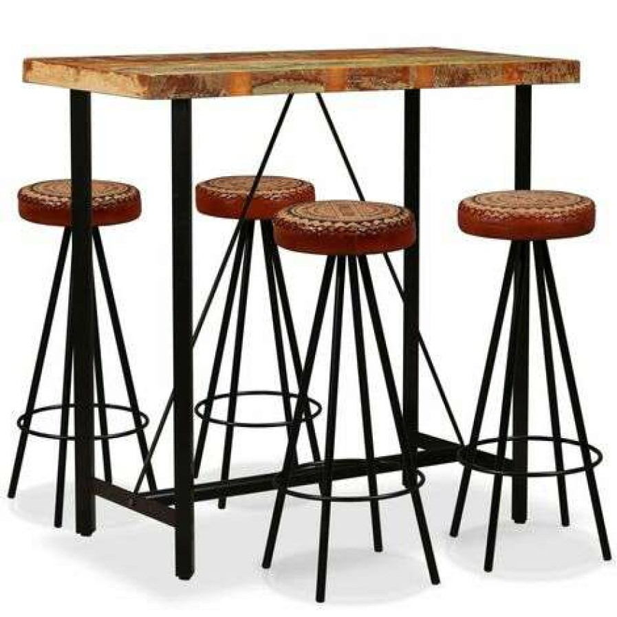 Table Haute Et Bar * | Sortie Nova Ensemble De Table De Bar Avec Du Bois Massif-Recouverte Des Tabourets En Bois Divers Morceaux Ensemble De Bar 5 Pcs Bois De Recuperation Cuir Veritable Et Toile Des Modeles : 5 Pcs