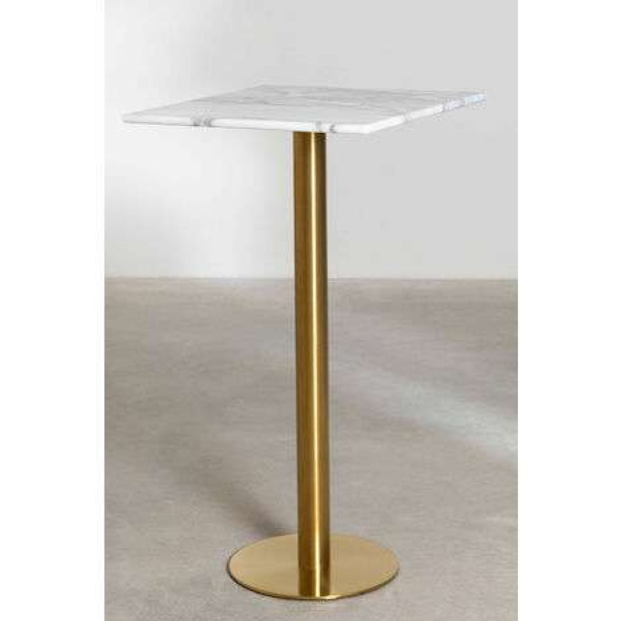 Table Haute Et Bar * | Sortie Table Haute Carree Marbre (60 60 Cm) Chack Metallique Sklum Marbre Dore Dore Blanc