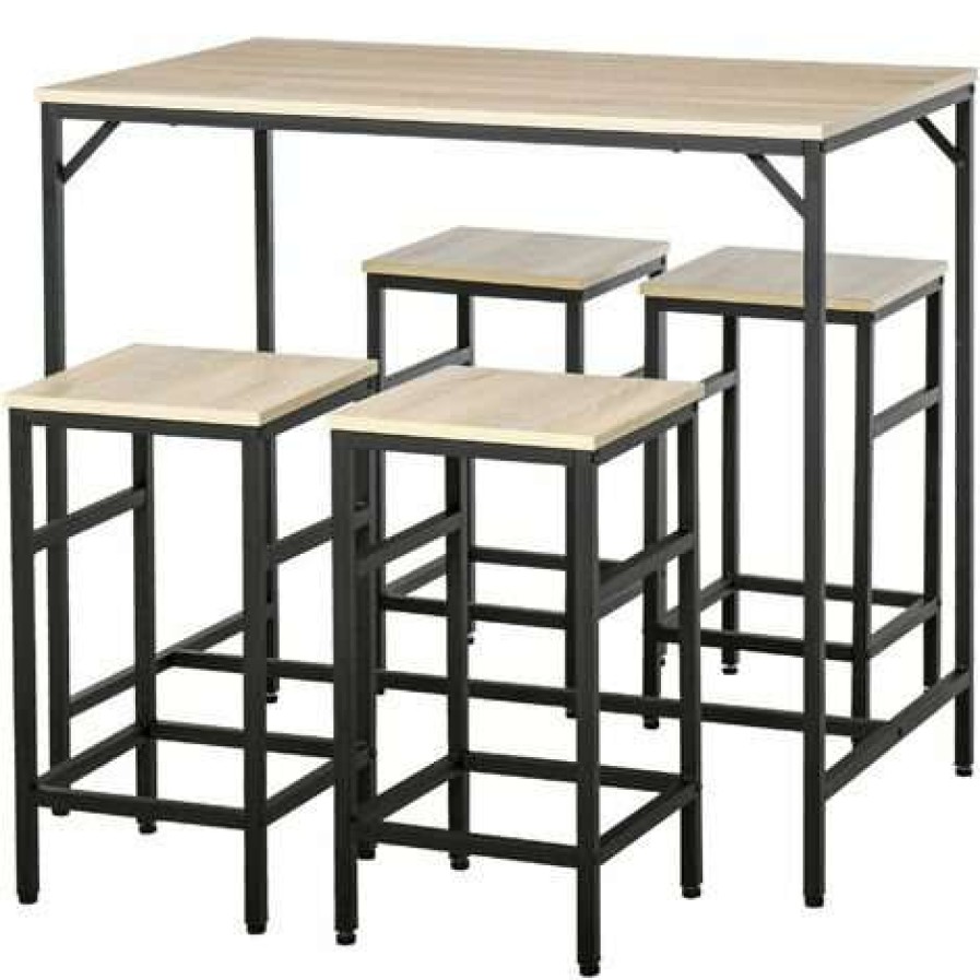 Table Haute Et Bar * | Meilleure Affaire Homcom Ensemble Table De Bar Design Industriel + 4 Tabourets Repose-Pieds Panneaux Particules Imitation Chene Clair Metal Noir Beige