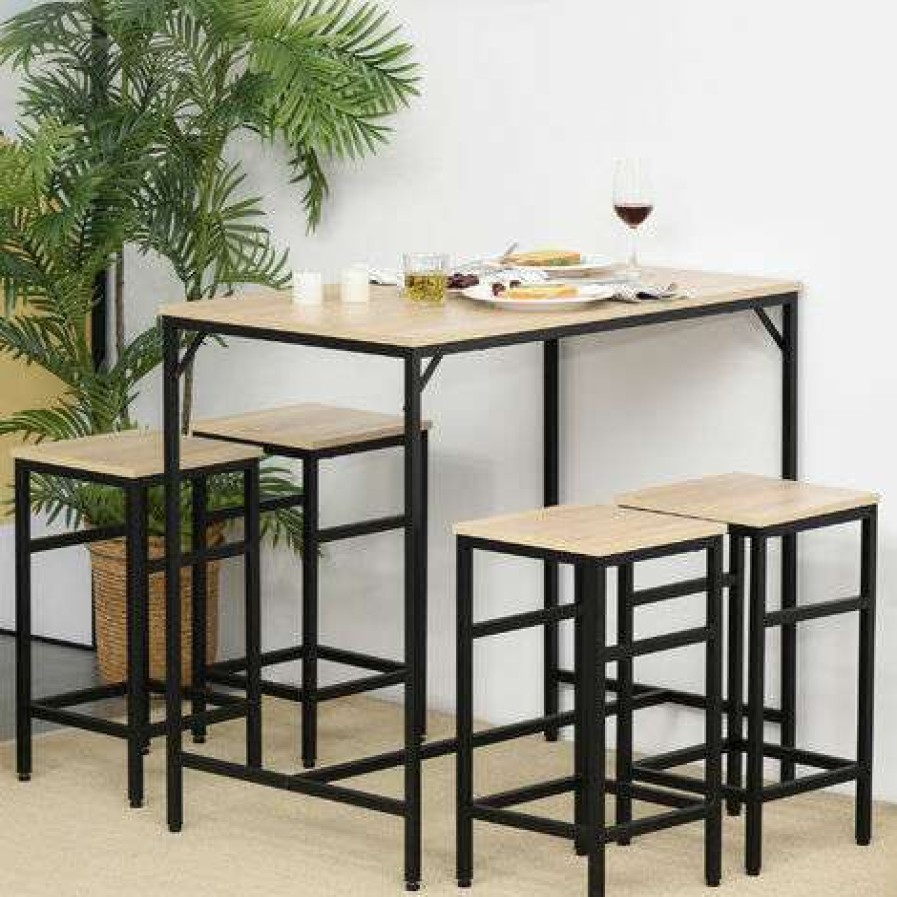 Table Haute Et Bar * | Meilleure Affaire Homcom Ensemble Table De Bar Design Industriel + 4 Tabourets Repose-Pieds Panneaux Particules Imitation Chene Clair Metal Noir Beige