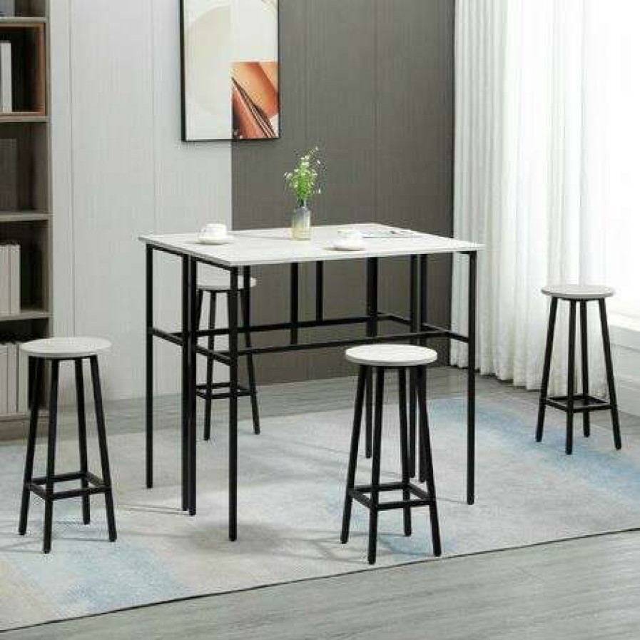 Table Haute Et Bar * | Les Meilleures Critiques De Homcom Ensemble Table De Bar Style Industriel 6 Pieces 2 Tables, 4 Tabourets Acier Noir Panneaux Particules Aspect Bois Gris Gris