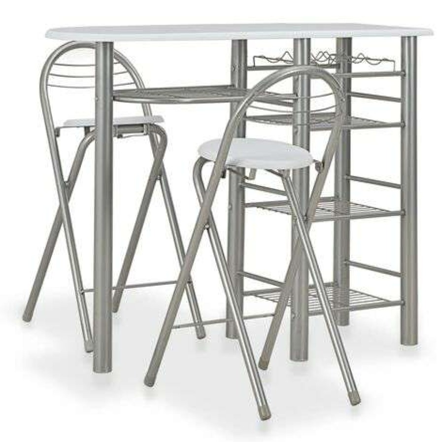 Table Haute Et Bar * | Coupon Supermarket Ensemble De Bar Avec Etageres 3 Pcs Bois Et Acier Blanc