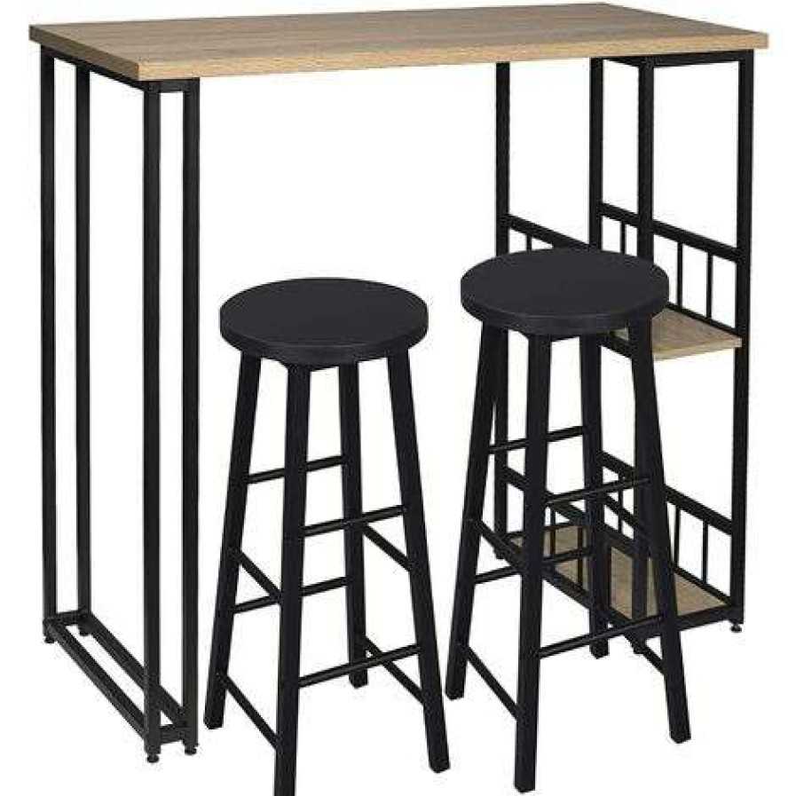 Table Haute Et Bar * | Bon Marche Woltu 1 X Table De Bar + 2 X Tabourets De Bar Structure En Metal Plateau En Mdf.Chene Clair