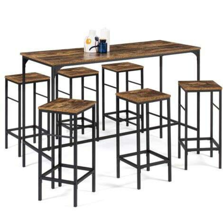 Table Haute * | Les Meilleures Critiques De Idmarket Table Haute De Bar Dayton Et 6 Tabourets Effet Vieilli Design Industriel