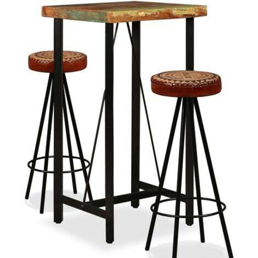 Table Haute Et Bar * | Budget Fimei Ensemble De Bar 3 Pcs Bois De Recuperation Cuir Veritable Et Toile