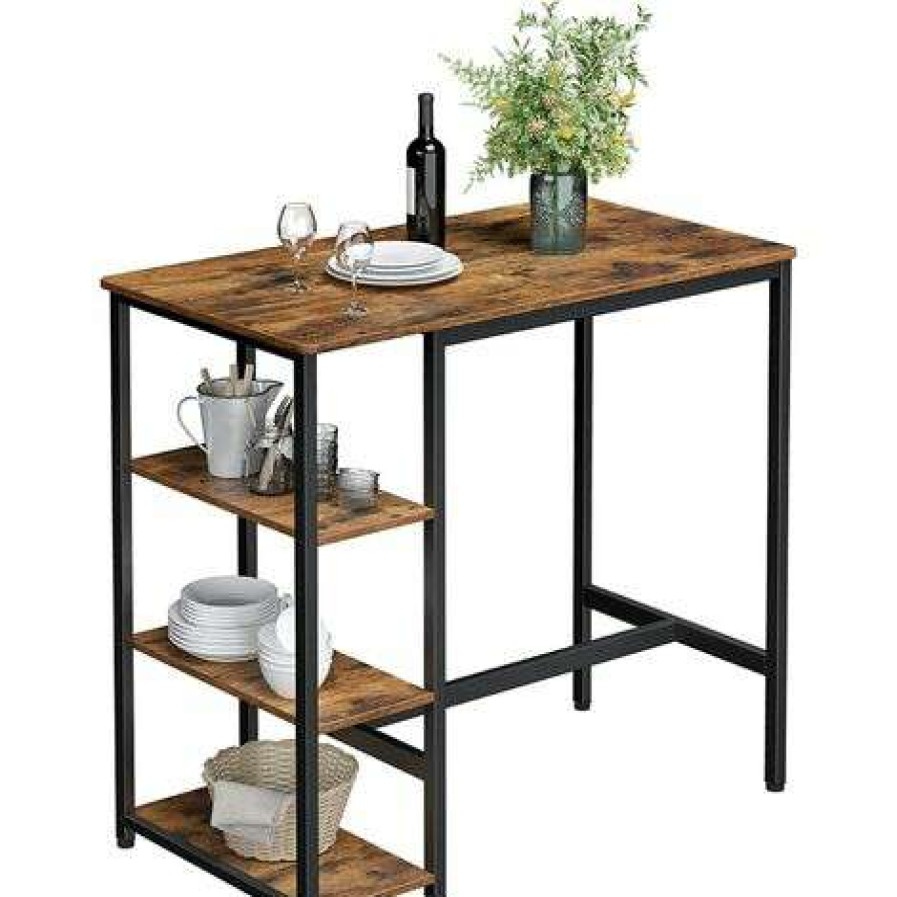 Table Haute Et Bar * | Offres Vasagle Table Haute, Table De Bar Rectangulaire, Avec 3 Etageres, Structure En Fer Stable, Pour Cuisine, Salle A Manger, 109 X 60 X 100 Cm, Montage Facile, Marron Rustique Par Songmics Lbt11X Marron Rustique