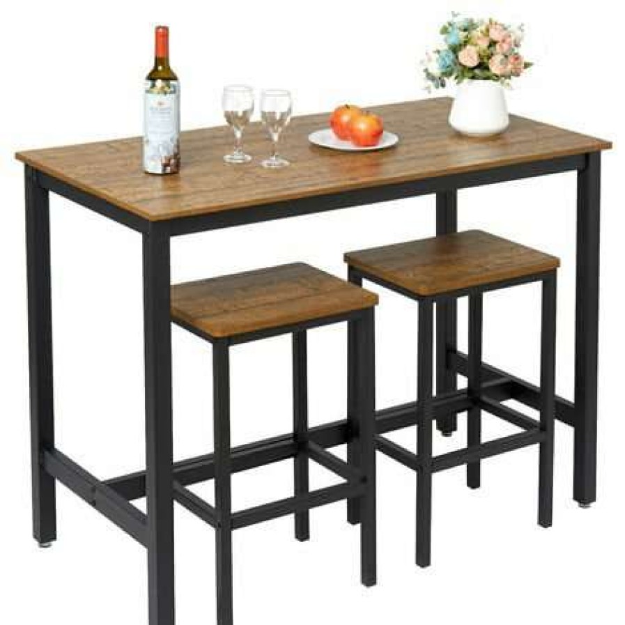 Table Haute Et Bar * | Sortie Ensemble Table Et 2 Tabourets Style De Bar En Fer Et Bois-Table Et Chaises Pour Cuisine, Bar, Cafe, Grain Fonce-Meerveil