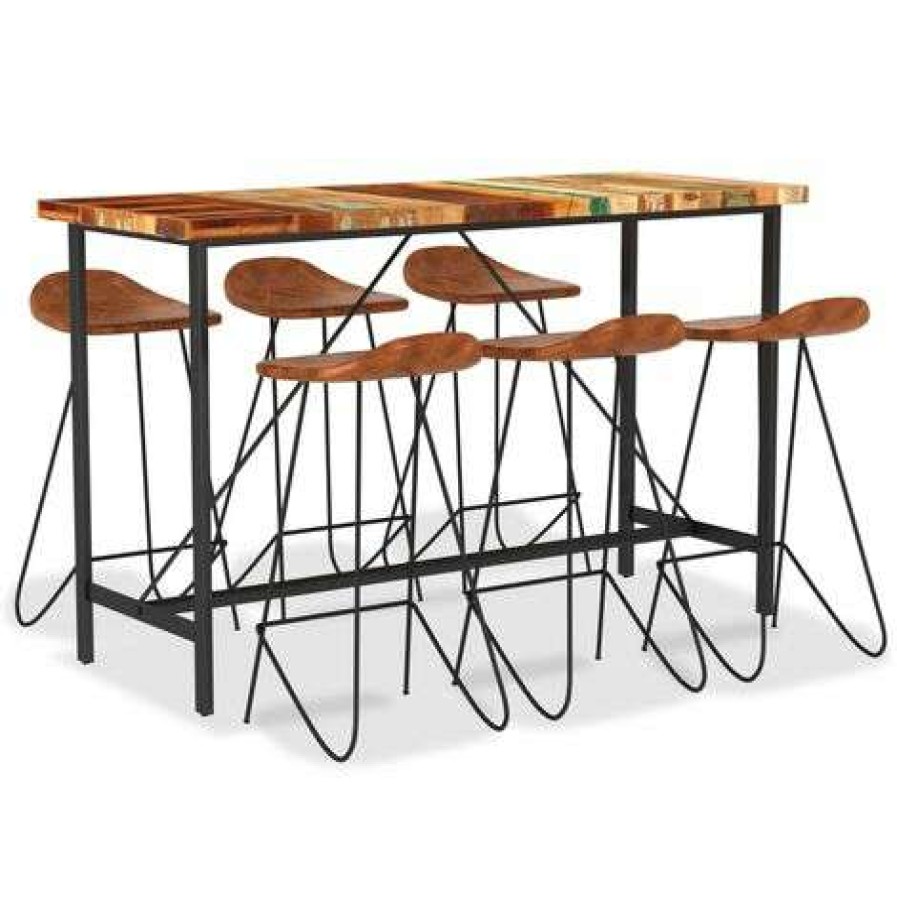 Table Haute Et Bar * | Offres Vidaxl Ensemble De Bar 7 Pcs Bois De Recuperation Et Cuir Veritable Multicolore