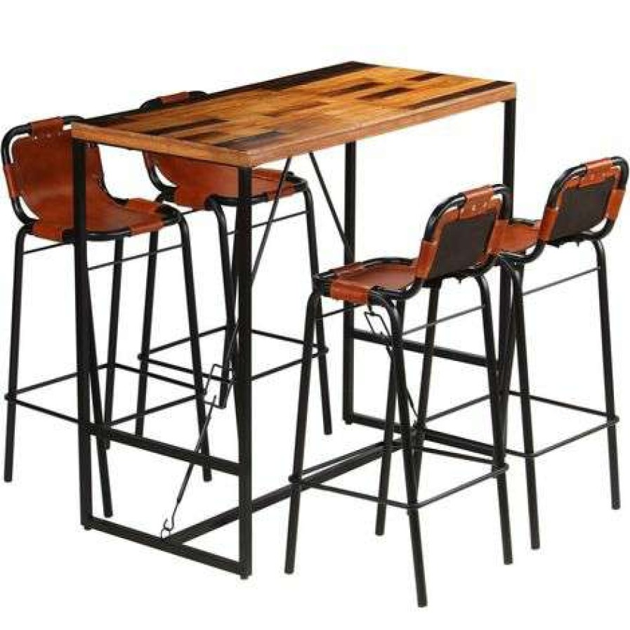 Table Haute Et Bar * | Vente Flash Vidaxl Ensemble De Bar 5 Pcs Bois Massif Recycle Et Cuir De Chevre Brun Ensembles De Meubles De Cuisine Et De Salle A Manger Brun Brun